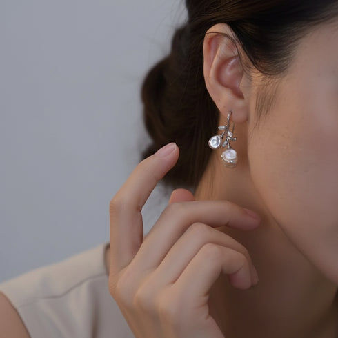 Petal Baroque Pearl Flower Hook Earrings - Sterling Silver