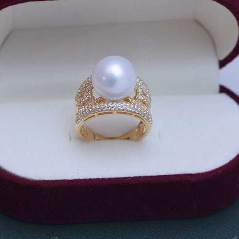 10-11mm Freshwater Pearl Wide Cubic Zirconia Ring - May-Lynn