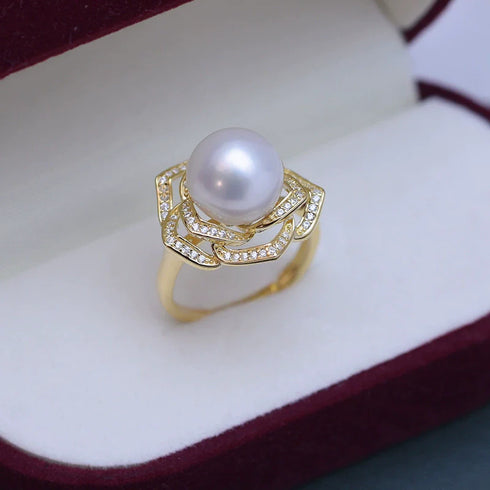 10-11mm Freshwater Pearl Camellia Cubic Zirconia Ring - May-Lynn