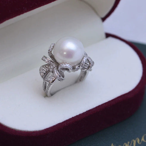 12-13mm Freshwater Pearl Bowknot Zirconia Ring - May-Lynn