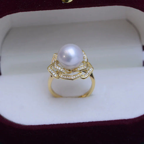 10-11mm Freshwater Pearl Camellia Cubic Zirconia Ring - May-Lynn