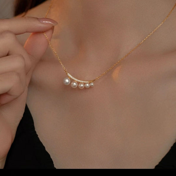 Crescent Moon Pearl Gradient Necklace - Gold / Silver Color