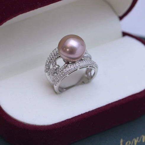 10-11mm Freshwater Pearl Wide Cubic Zirconia Ring - May-Lynn