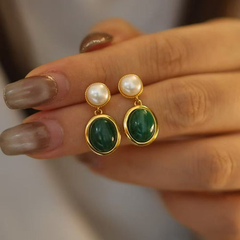 Oval Malachite Bezel Pearl Drop Earrings