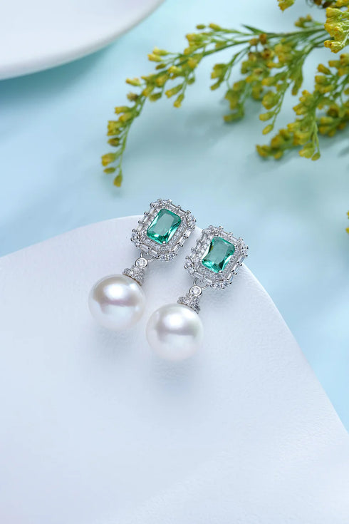 Green Zirconia Pearl Earrings - S925 Sterling Silver
