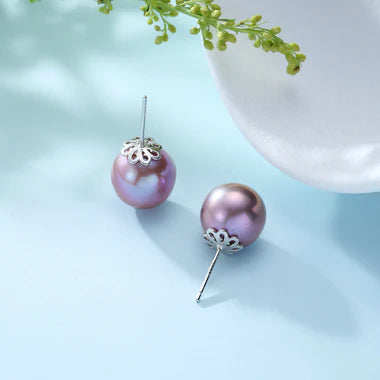 Purple Round Pearl Stud Earrings