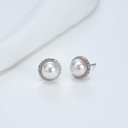 Akoya Pearl Sunflower Zirconia Stud Earrings -Sterling Silver