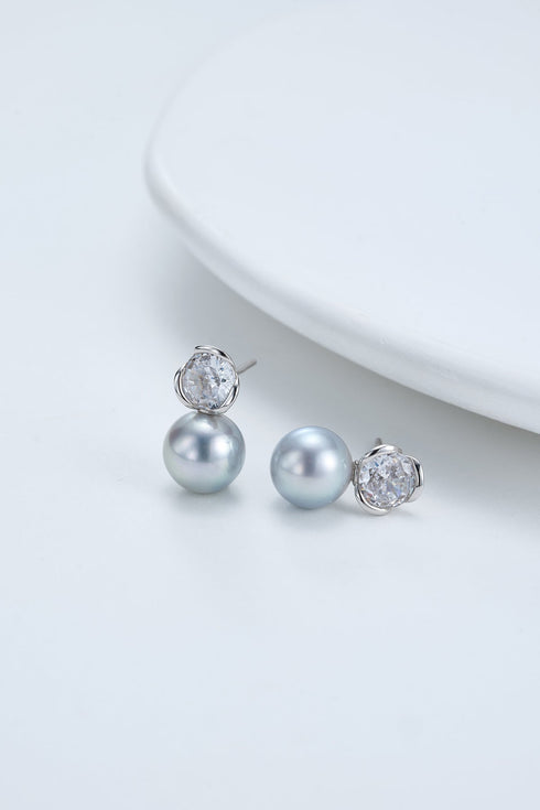 7-8mm Silver Blue Akoya Pearl Floral Cubic Zirconia Earrings