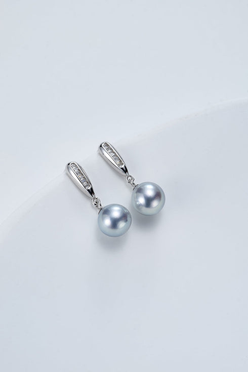 Silver Blue Akoya Pearl Drop Zirconia Earrings -Sterling Silver