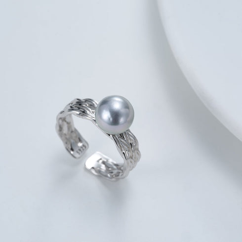7-8mm Silver Blue Akoya Pearl Weave Ring