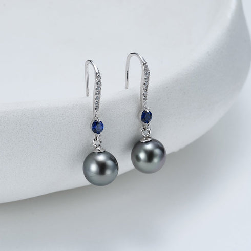 9-10mm Tahitian Pearl Sapphire Hook Earrings