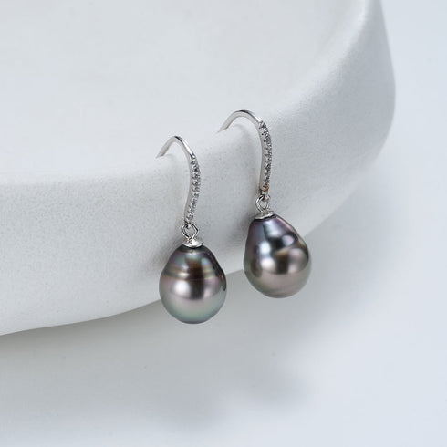 Classic Tahitian Black Baroque Pearl Hook Earrings - Sterling Silver
