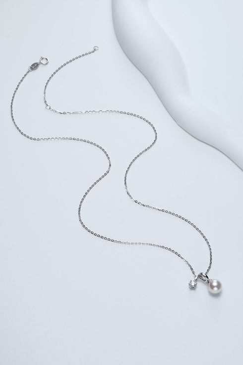 7-8mm White Akoya Pearl Pendant and Zirconia Necklace
