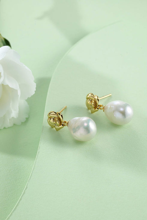 Rose Baroque Pearl Earrings - Gold Vermeil