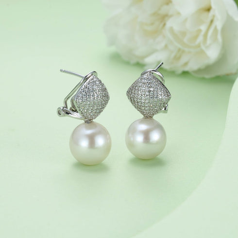 10-11mm Pavé Cushion Top Freshwater Pearl Drop Earrings