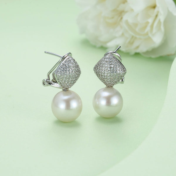10-11mm Pavé Cushion Top Freshwater Pearl Drop Earrings