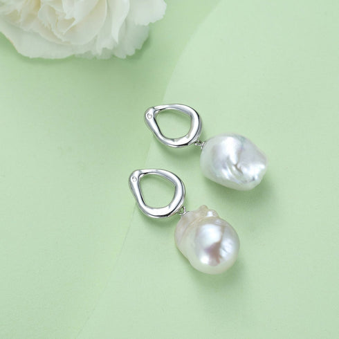Modern Silver Triangle Baroque Pearl Earrings