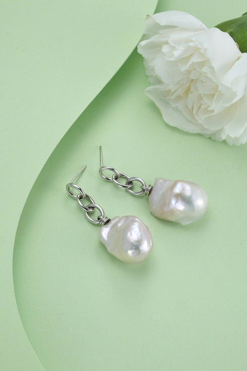 Modern Chain Bold Baroque Pearl Earrings - Sterling Silver / Gold Vermeil