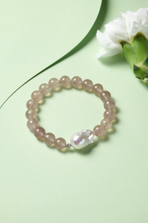 Pink Quartz Beads with Baroque Pearl Braclet