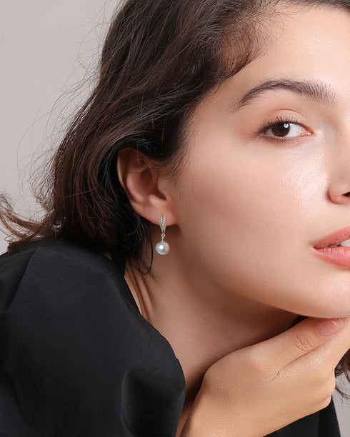 Silver Blue Akoya Pearl Drop Zirconia Earrings -Sterling Silver