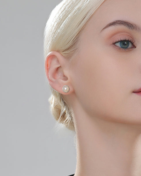 Akoya Pearl Sunflower Zirconia Stud Earrings -Sterling Silver