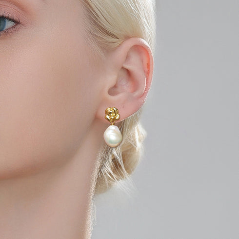 Rose Baroque Pearl Earrings - Gold Vermeil
