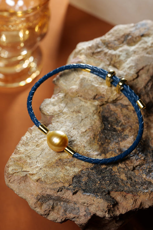 Golden South Sea Pearl Blue Leather Bracelet