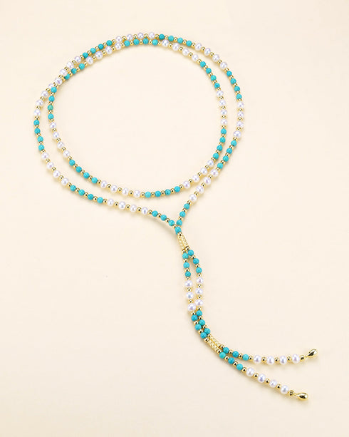 Turquoise and Pearl Beaded Long Necklace