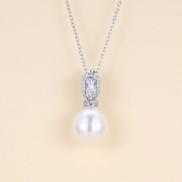 Rectangle Cubic Zirconia Pearl Pendant Necklace