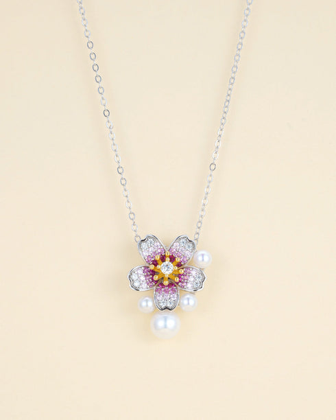 3–7mm Freshwater Pearl Floral Zirconia Pendant Necklace