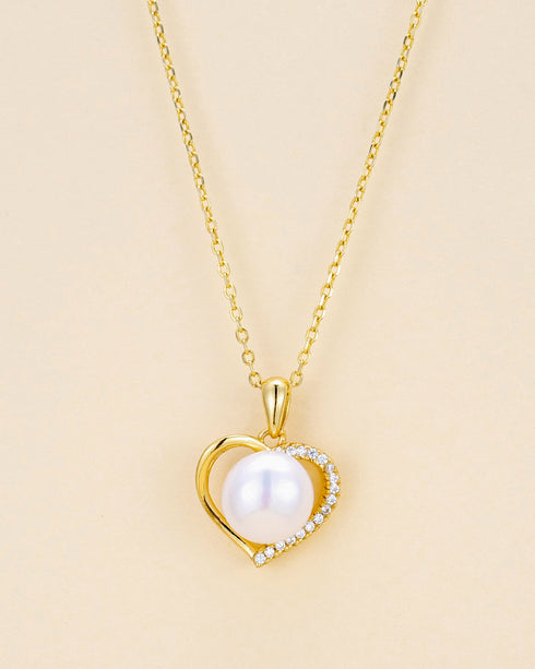Exquisite Heart Zirconia Pearl Pendant Necklace - Gold Vermeil
