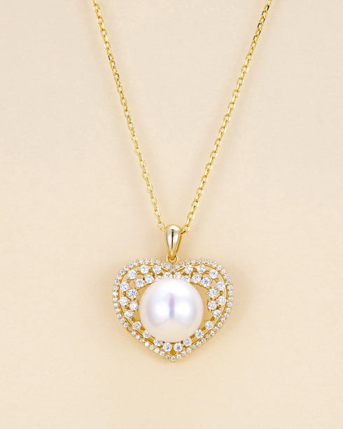 Radiant Zirconia Heart Pearl Pendant Necklace – Gold Vermeil