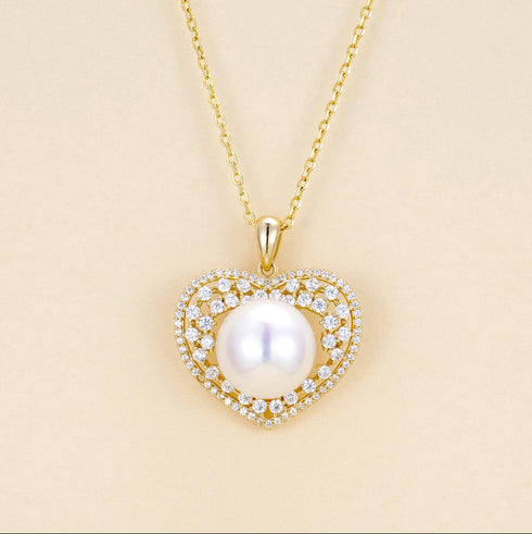 Radiant Zirconia Heart Pearl Pendant Necklace – Gold Vermeil