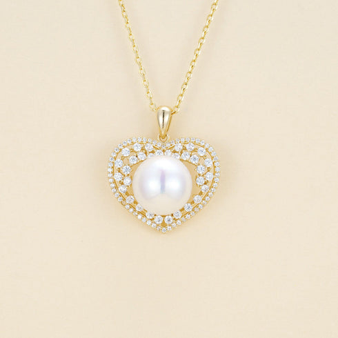 Radiant Zirconia Heart Pearl Pendant Necklace – Gold Vermeil