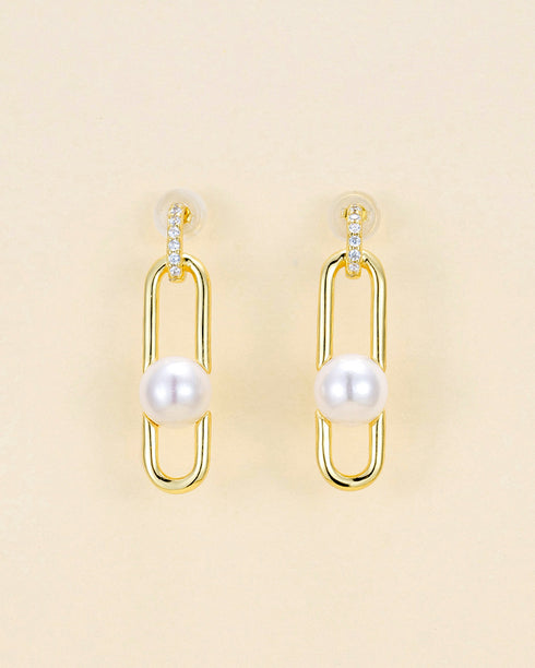 Modern Link Pearl Earrings - Gold Vermeil