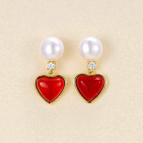 Red Heart Pearl Earrings - Gold Vermeil