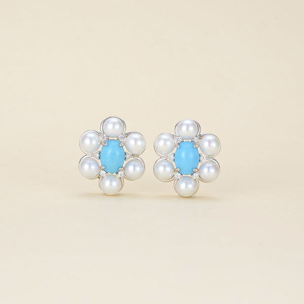 Floral Blue Turquoise Pearl Stud Earrings