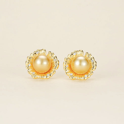 Sunflower Golden Pearl Stud Earrings