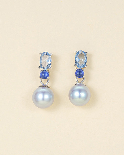 7-8mm Silver Blue Akoya Pearl Drop Earrings