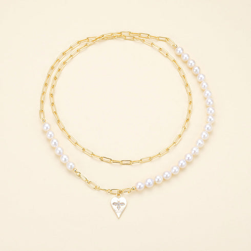 28-Inch Freshwater Pearl & Chain Necklace with Gold Heart Bee Pendant