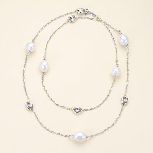 32-Inch Large Baroque Freshwater Pearl Silver Circle Links Necklace