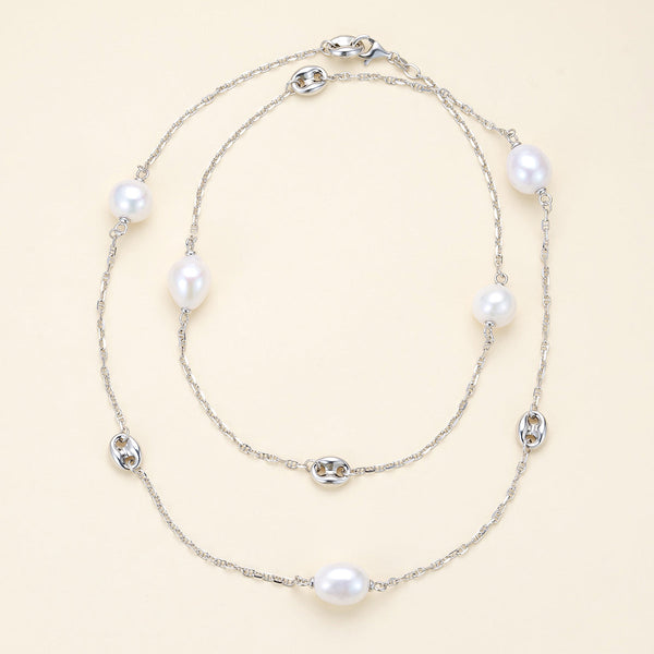 32-Inch Large Baroque Freshwater Pearl Silver Circle Links Necklace