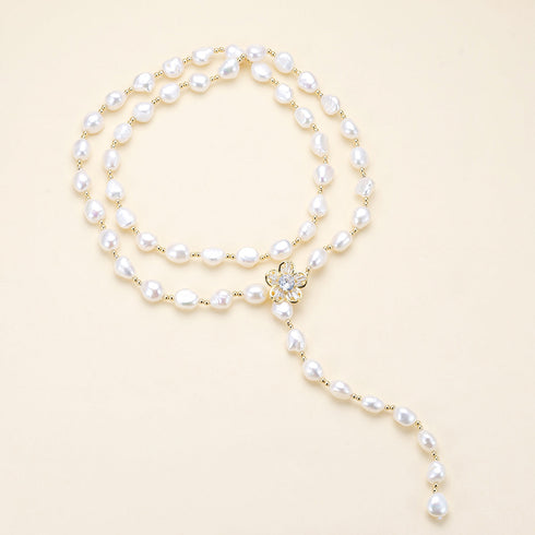 Versatile Baroque Pearl Gold Bead Necklace with Floral Clasp
