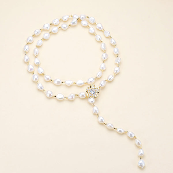 Versatile Baroque Pearl Gold Bead Necklace with Floral Clasp