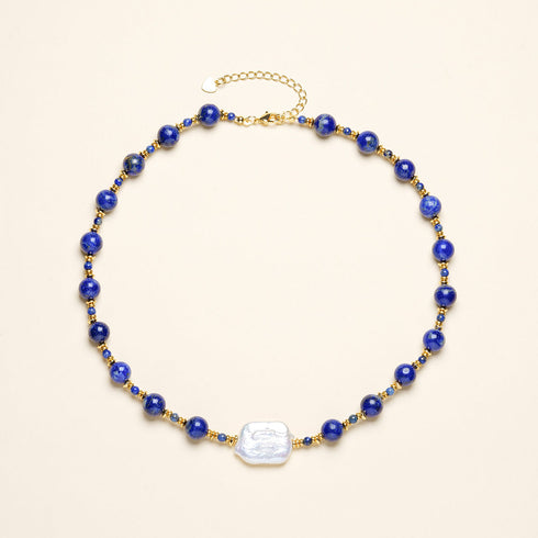 Lapis Lazuli Beaded Baroque Pearl Necklace - May-Lynn Studio Jewelry