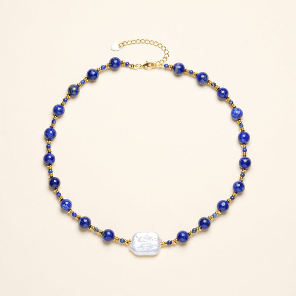 Lapis Lazuli Beaded Baroque Pearl Necklace - May-Lynn Studio Jewelry