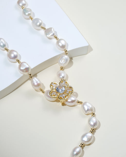 Versatile Baroque Pearl Gold Bead Necklace with Floral Clasp