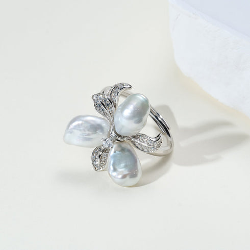 Keshi Silver Blue Freshwater Pearl Flower Petal Earrings and Ring (Purchase Individually)