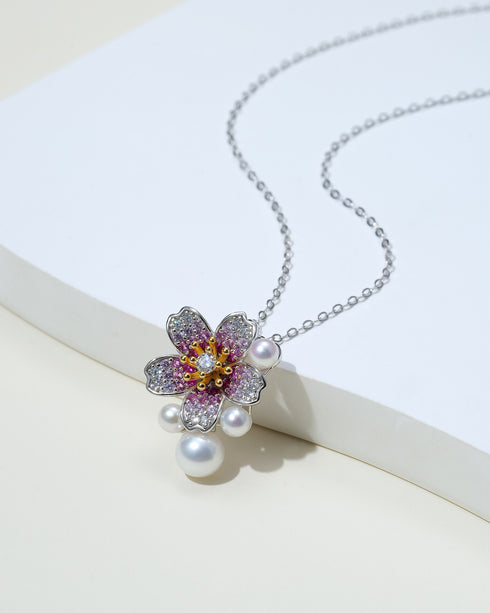 3–7mm Freshwater Pearl Floral Zirconia Pendant Necklace