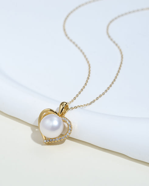 Exquisite Heart Zirconia Pearl Pendant Necklace - Gold Vermeil